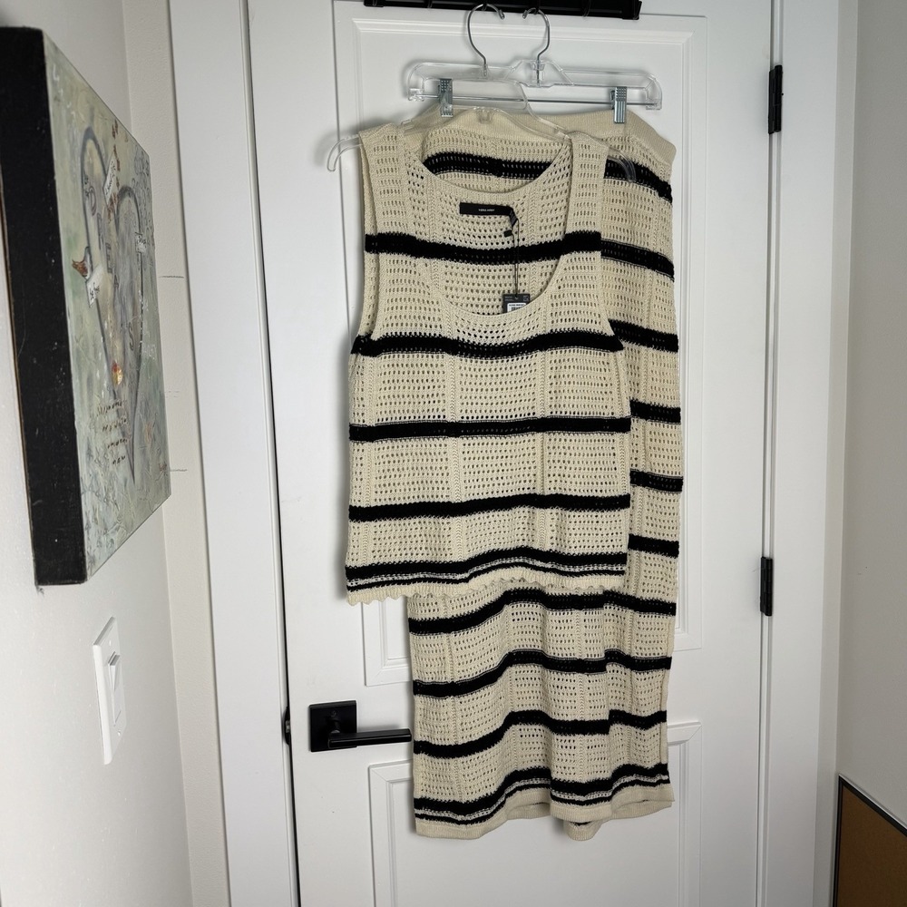 Vera Moda Crochet Knit 2 Piece Set Skirt Top Cream Black Striped Slit XL NWT